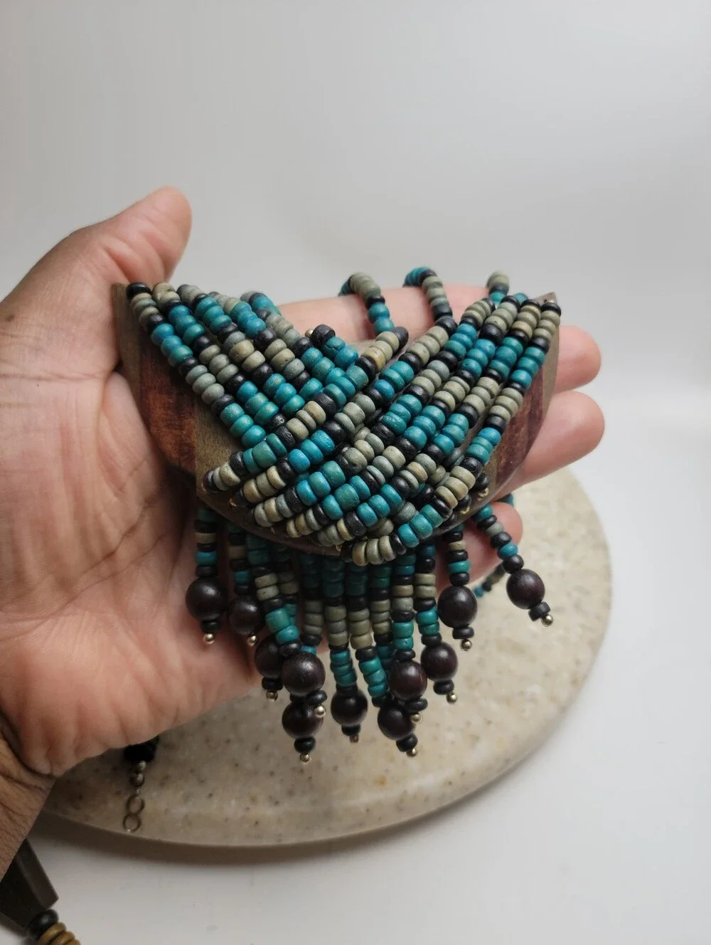 Vintage Tribal Wood Bead Fringe Statement Necklace